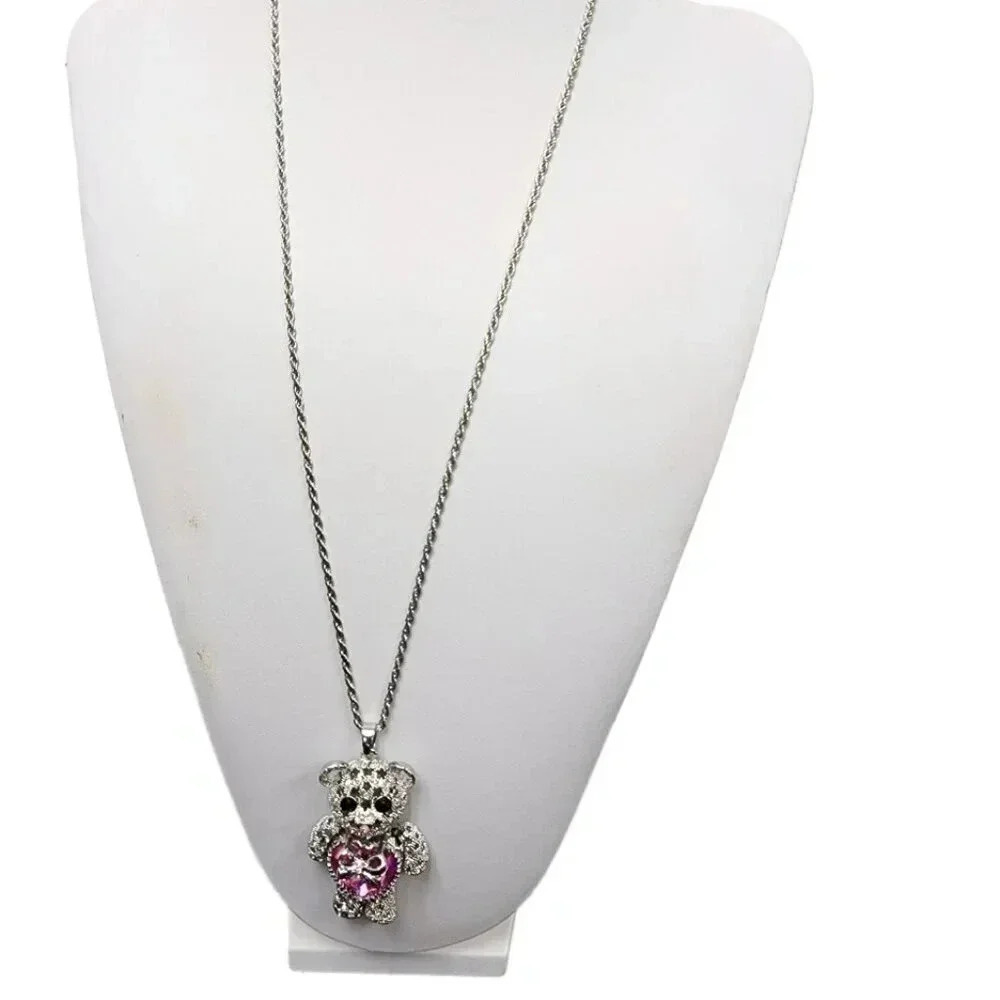 NWOT Sterling Silver Cubic Zirconia Teddy Bear Pendant Twisted Chain Necklace